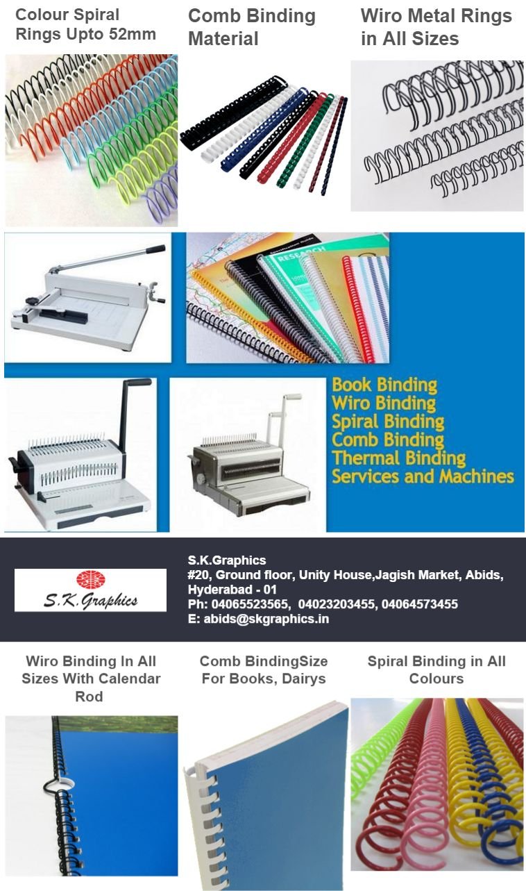 Colourful spiral rings in multiple sizes in all colours with heavy stock Comb Binding for professional book and project binding.Metal Wiro Binding in all sizes and multiple colours. For use in calendar, brochure, pamphlet, books and diariesComb Binding machine, Spiral binding machine, wiro binding machine, electric spiral binding machine, thermal binding machine and machine servicing and repairingSk Graphics + Abhishek Products House Of binding center Calendar Rod Wiro Binding in All Sizes, Wiro binding electric leg machine Comb Binding machine and Combs for book, diary and calendar bindings All Colour Spiral rings Available in 8mm, 12mm, 16mm to 52mm for all book binding